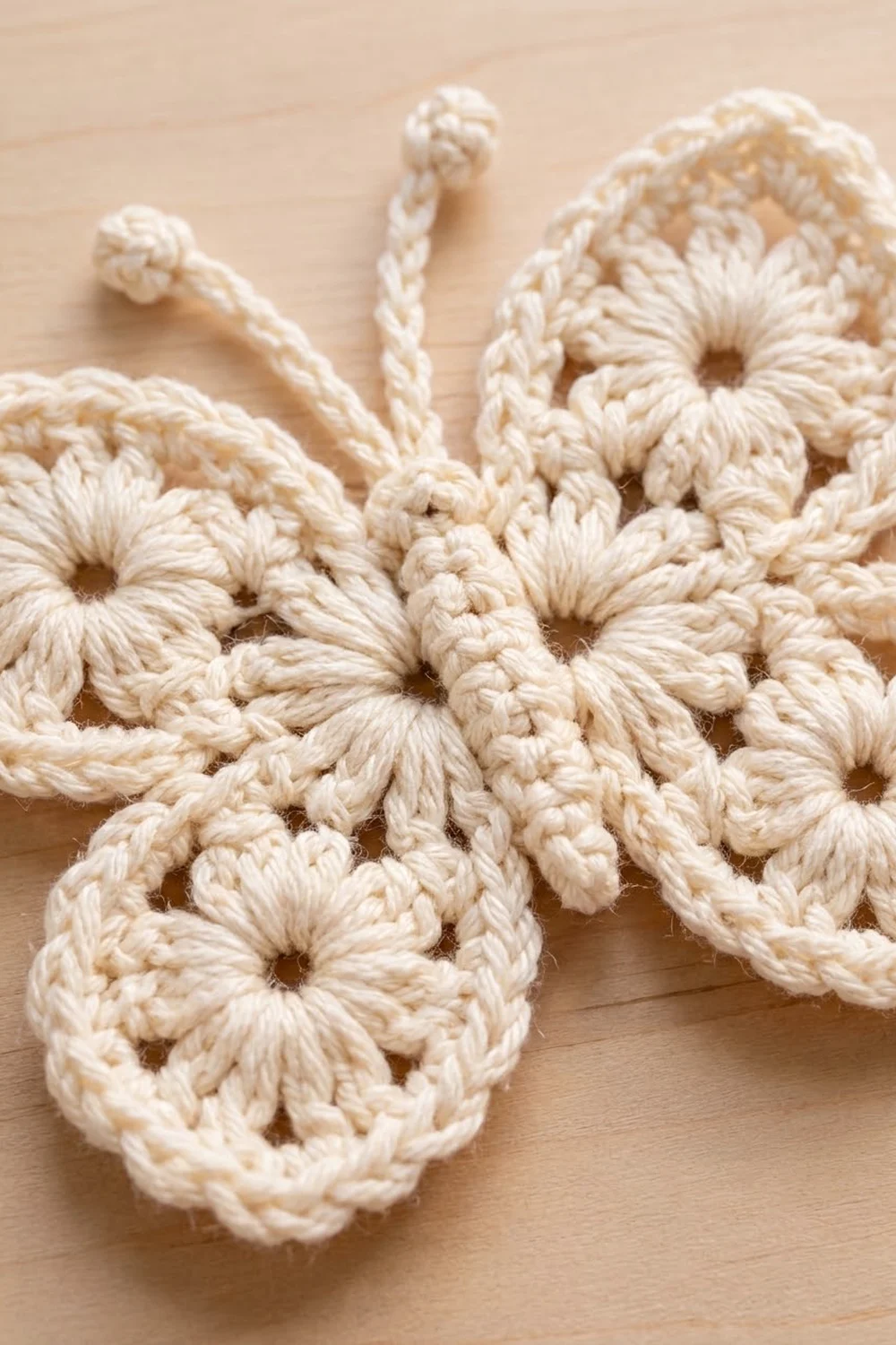 Cream-colored crocheted flowers with defined petals and connecting chains on a light wood surface.