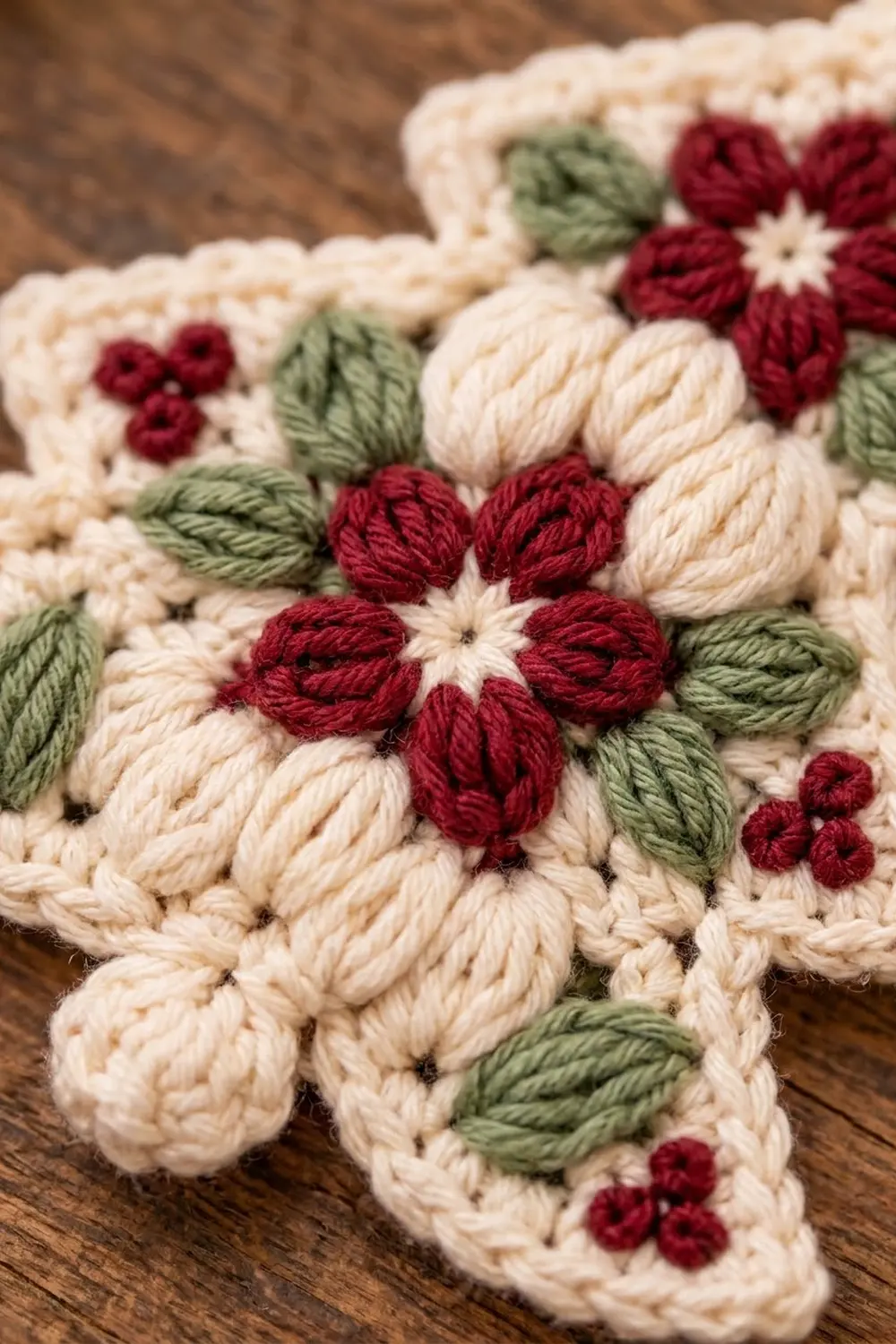 Crocheted cream square with burgundy textured flowers, green leaves, and beaded details on a weathered wooden surface.