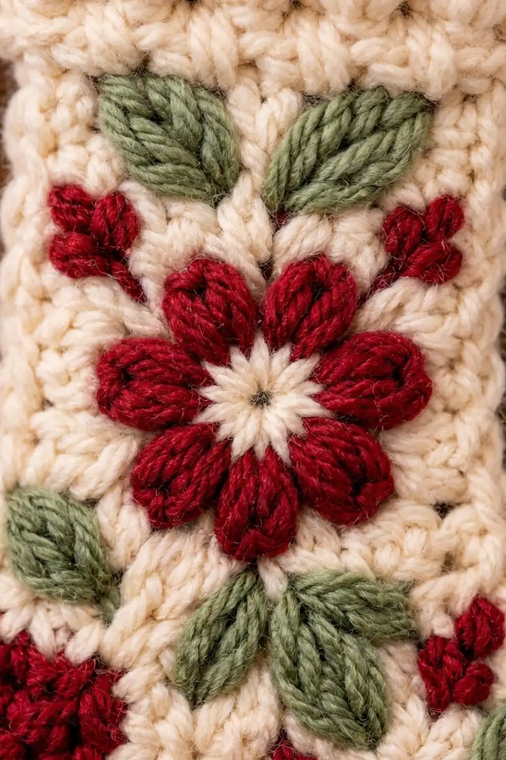 Red crochet flower with green leaves embroidered on cream textured background.
