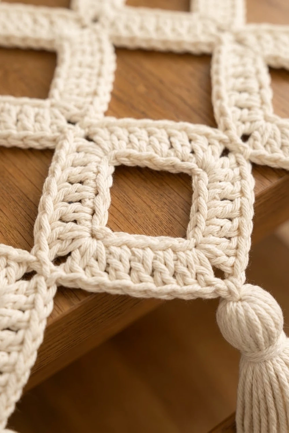 Close-up of cream-colored crocheted lace with geometric square patterns laid on a wooden surface.