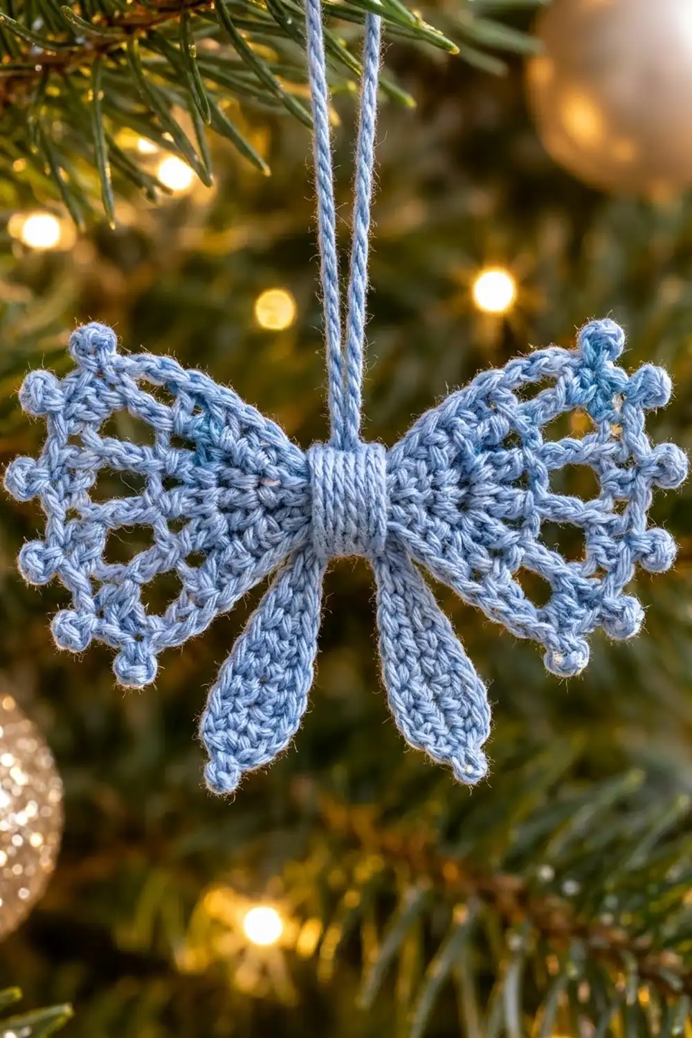 Delicate pale blue crocheted bow ornament with bobble details hanging from cord against evergreen branches and golden lights.