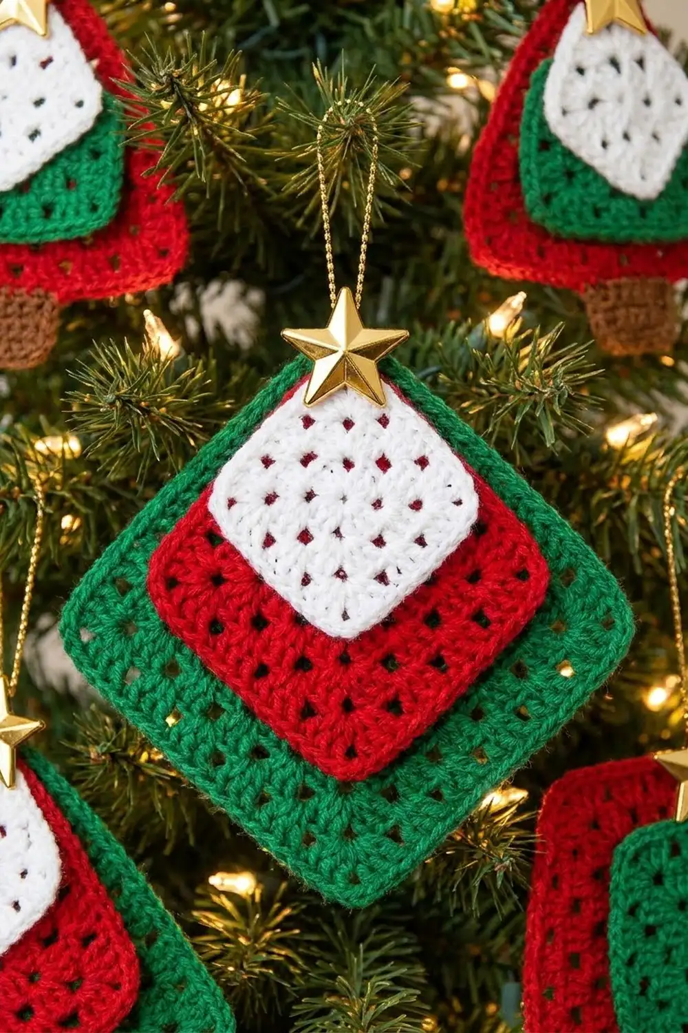 Crocheted red and green diamond ornament with white center and gold star hanging amid evergreen branches and warm festive lights.