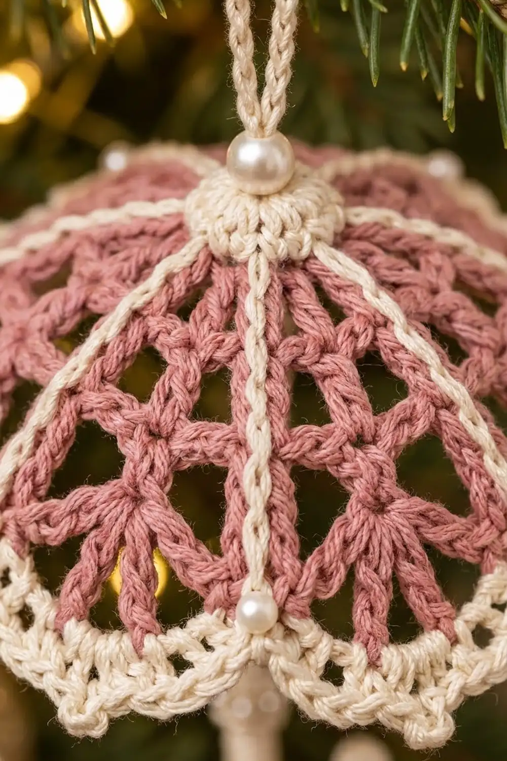 Delicate crocheted teardrop ornament in dusty pink and cream with pearl beads, hanging from evergreen branches with holiday lights.