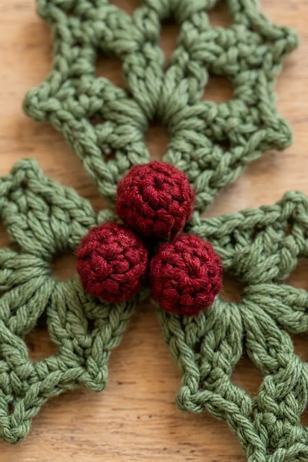 Three crimson crocheted berries with textured stitching arranged among sage green yarn leaves on wooden surface.