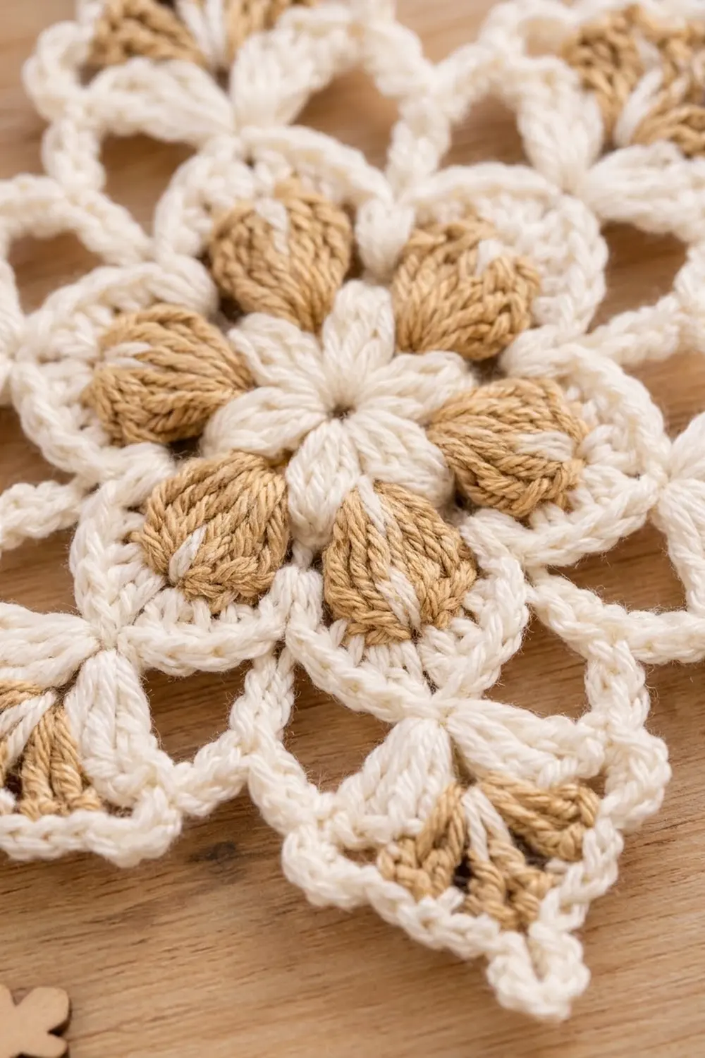Crocheted flowers with white petals and golden centers arranged on a natural wood surface.