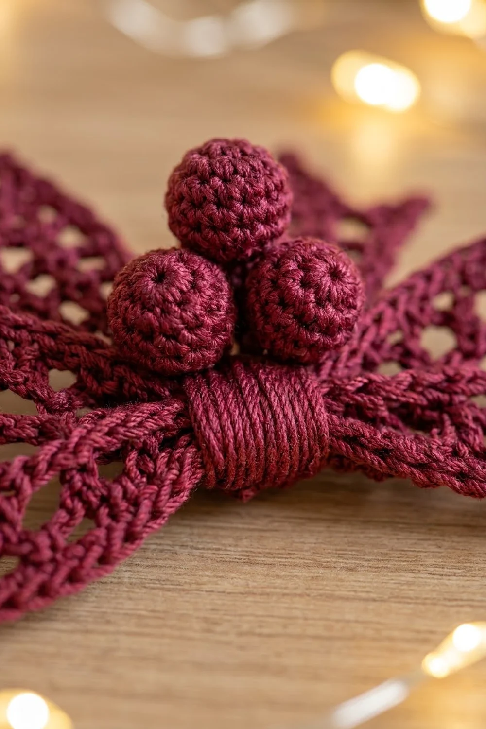 Three burgundy crocheted pom-poms on openwork lace with warm bokeh lighting in the background.