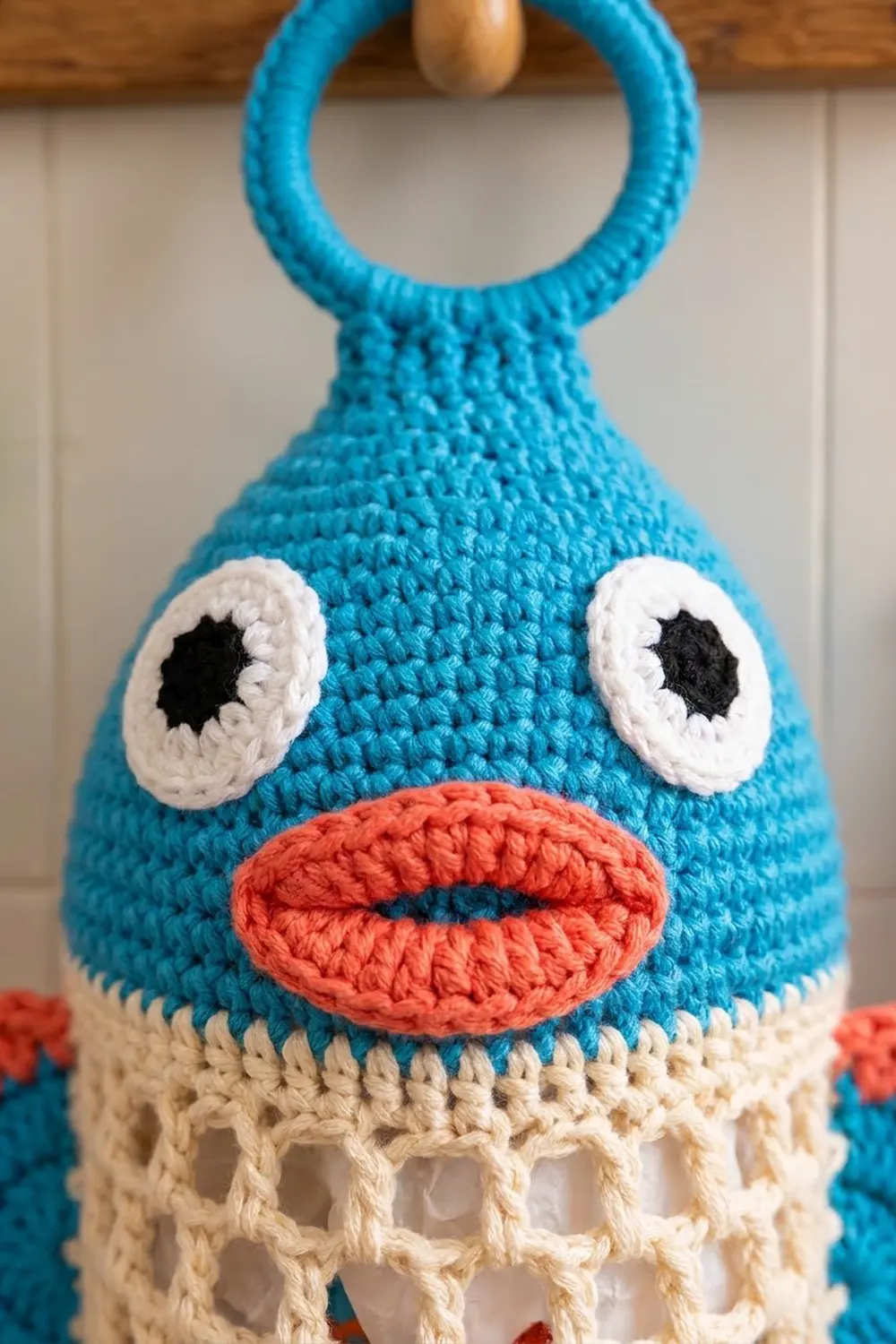Crocheted turquoise toy with turquoise handle, white-rimmed eyes, black pupils, and coral grinning mouth on cream base.