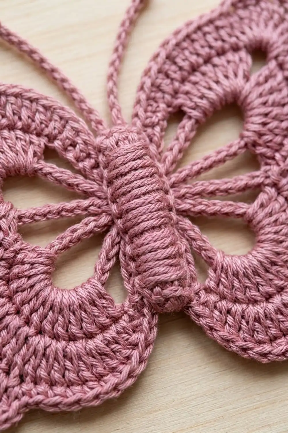 Close-up of intricate dusty pink crochet lace on a cream background, showing detailed openwork and textured stitches.