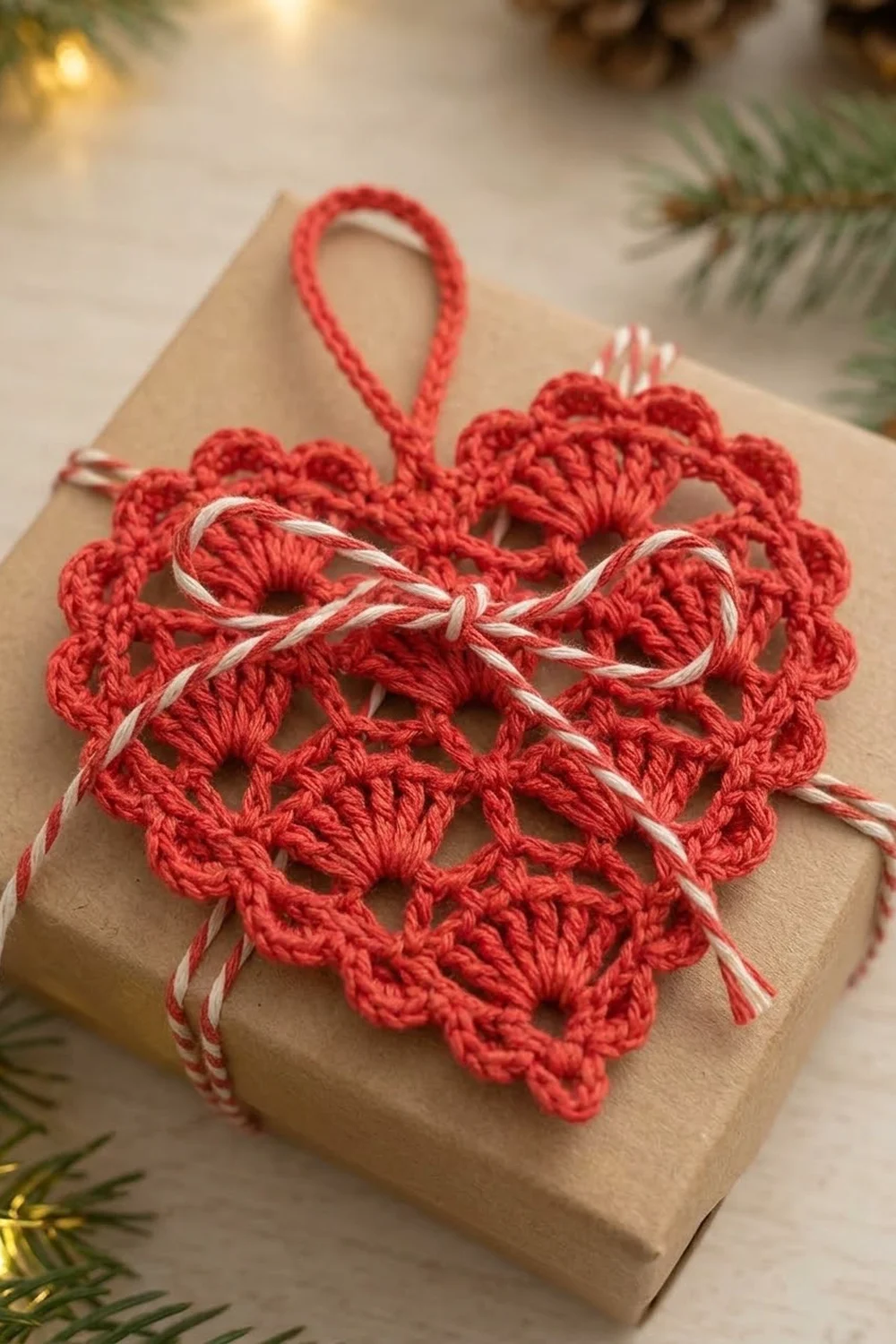 A red crocheted heart ornament with twine bow sits atop kraft paper wrapped gift among evergreen branches.