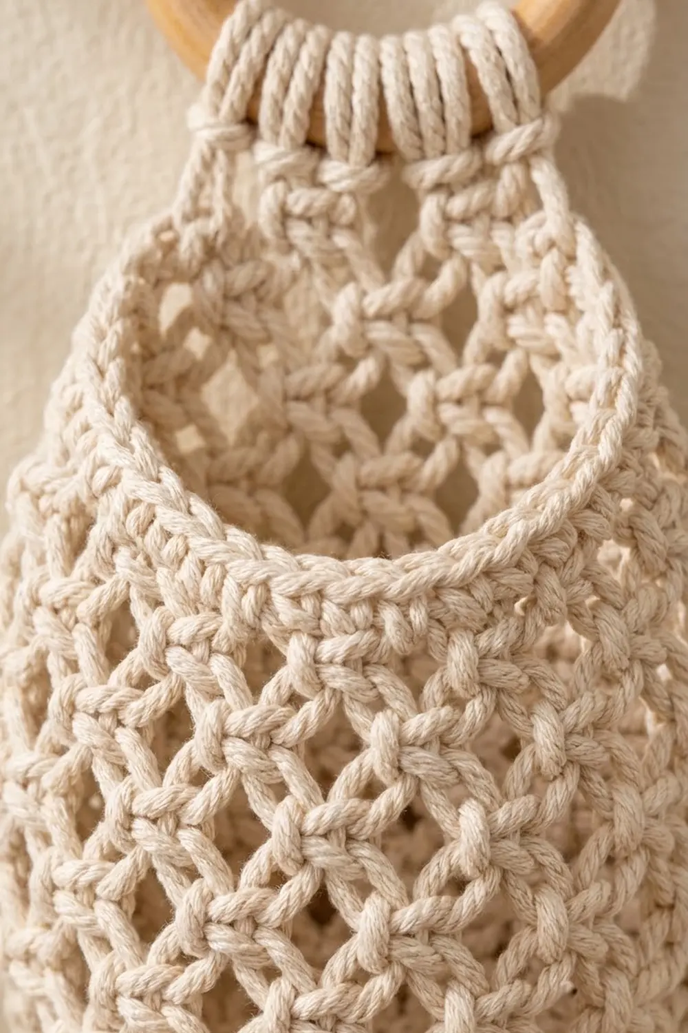Close-up of cream crocheted fabric with delicate openwork stitches and dimensional textured pattern.
