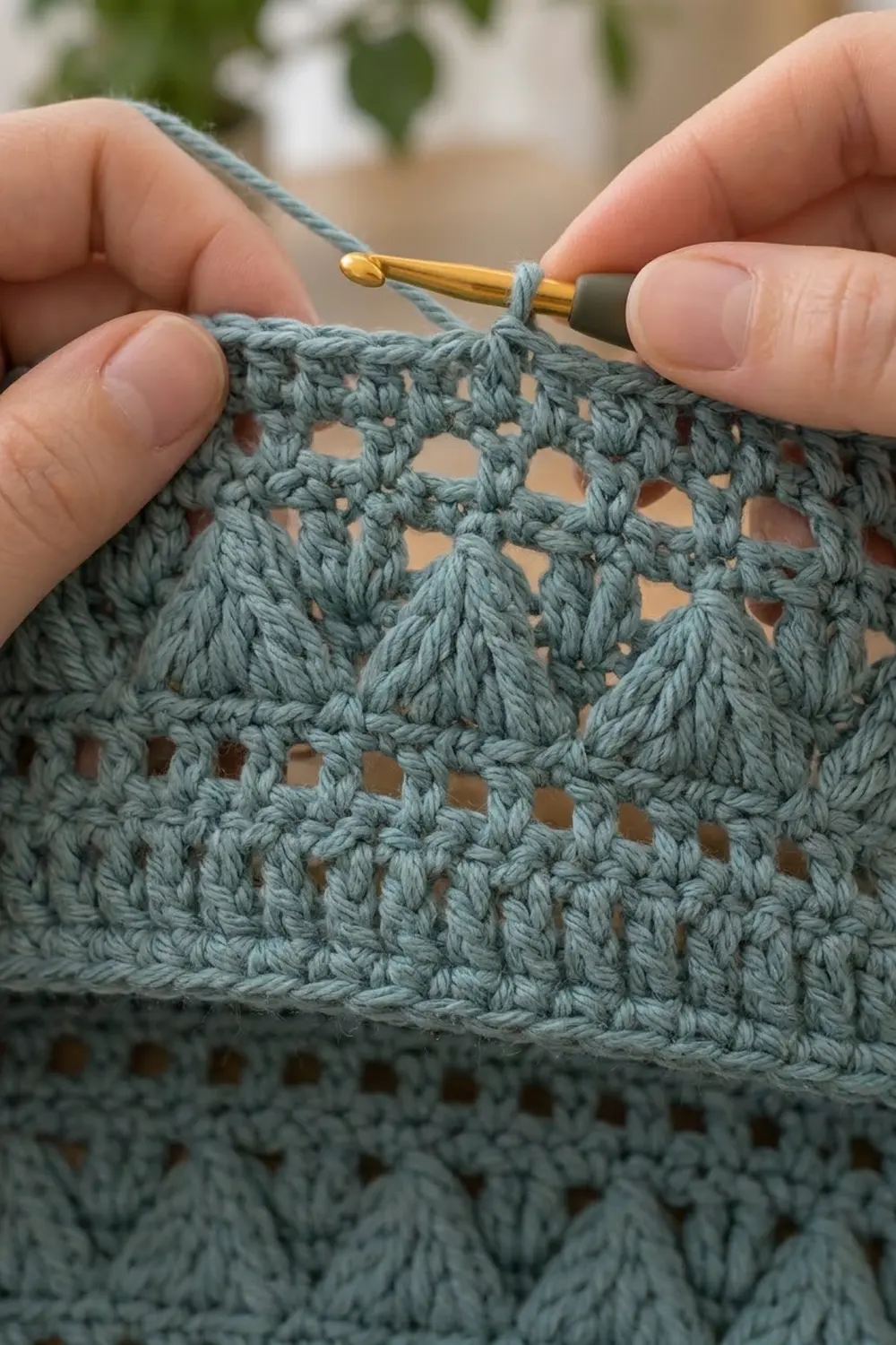 Hands work a dusty-blue crocheted lace pattern using a golden hook in natural outdoor light.