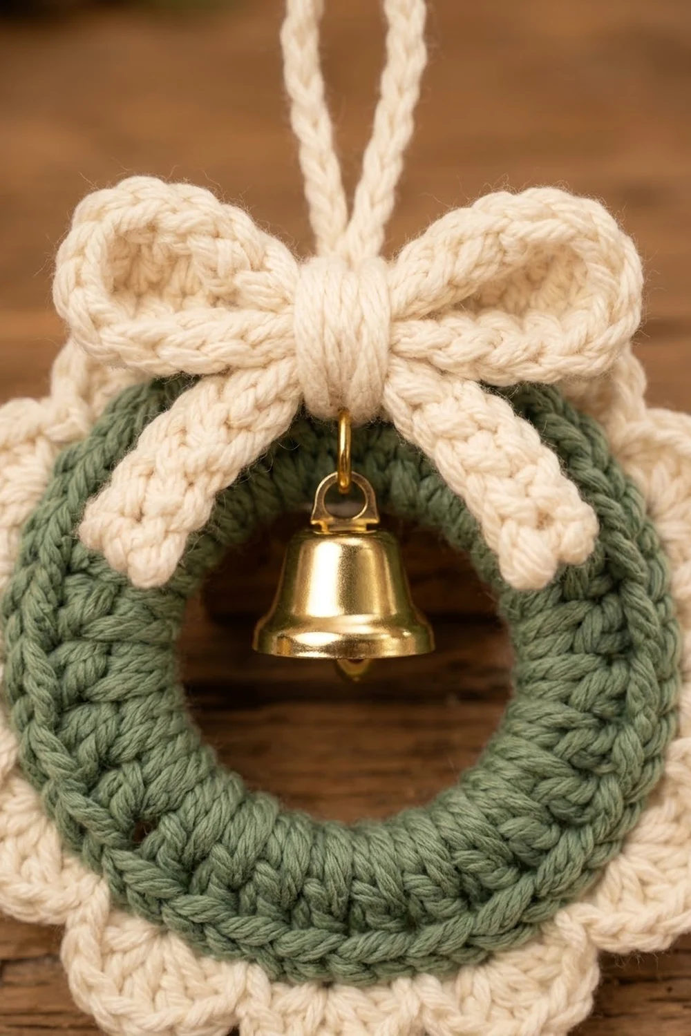 A small knitted wreath ornament in sage green with a cream rope bow and golden bell hanging against a wooden background.