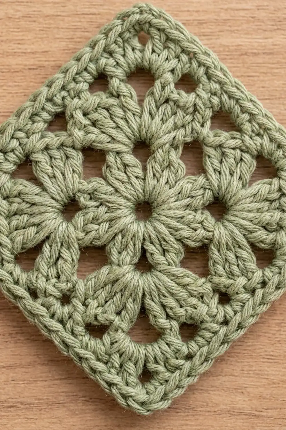 Close-up of sage green crocheted square showing open lattice pattern on warm wood.