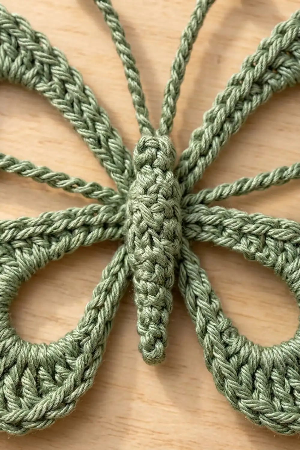 Eight pale green braided strands radiate from a crocheted center knot on a light wood background.