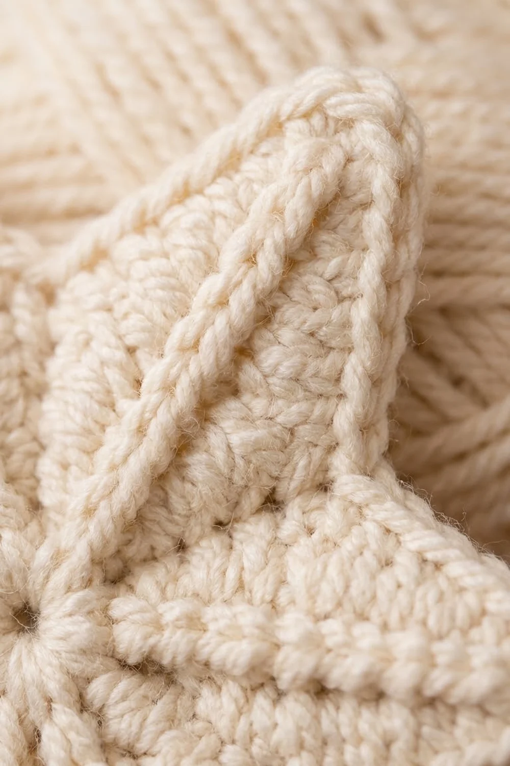 Cream-colored twisted rope reveals intricate braided texture and dimensional weave in intimate close-up photography.