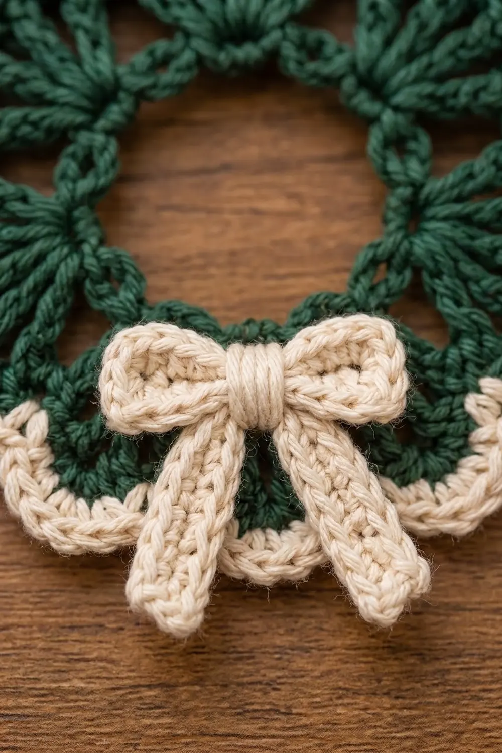 Cream crocheted bow adorns a green rope wreath on a weathered wooden surface.