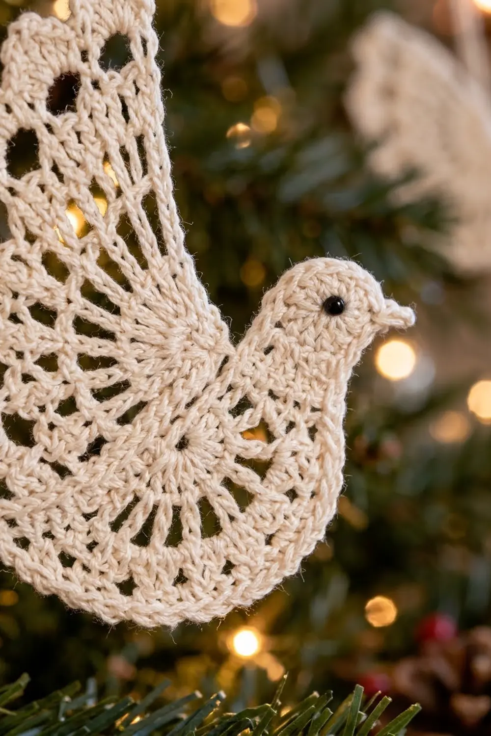 Crocheted cream-colored dove ornament with beaded eye resting on an evergreen branch amid bokeh holiday lights.