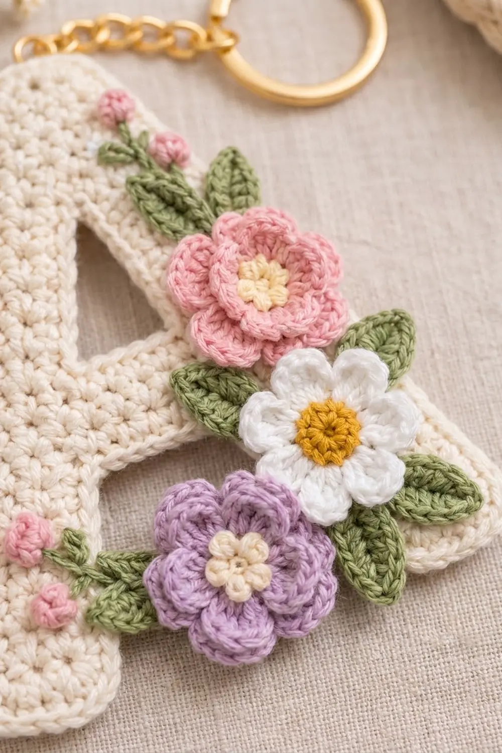 Pink, white, and purple crocheted flowers with yellow centers and green leaves adorn a cream knit pouch with gold keyring.