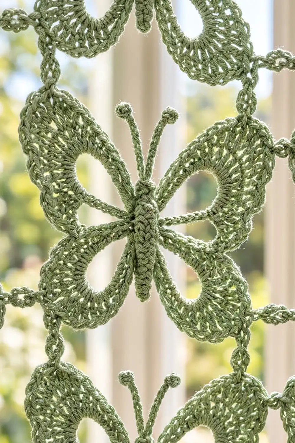 Sage green crocheted lace fabric with symmetric open-work motifs and antennae-like details, backlit by natural window light.