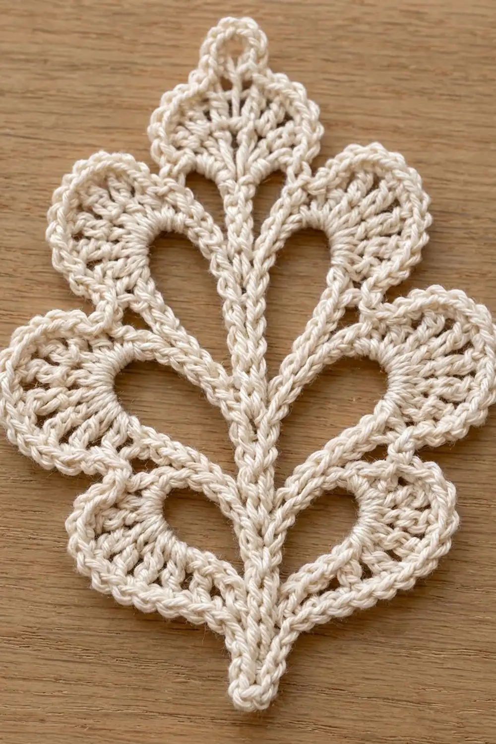 A cream-colored crocheted ornament with ornate lobed leaves arranged symmetrically on a natural wood surface.