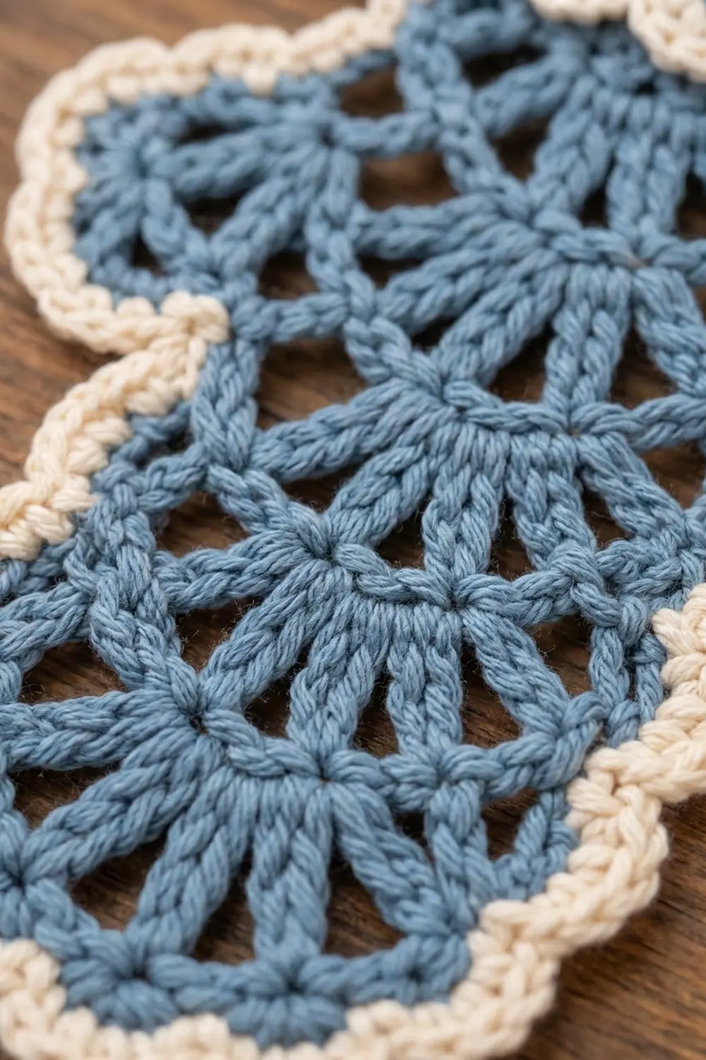 Close-up of delicate blue and cream crochet lace featuring interlocking flower motifs on a wooden surface.