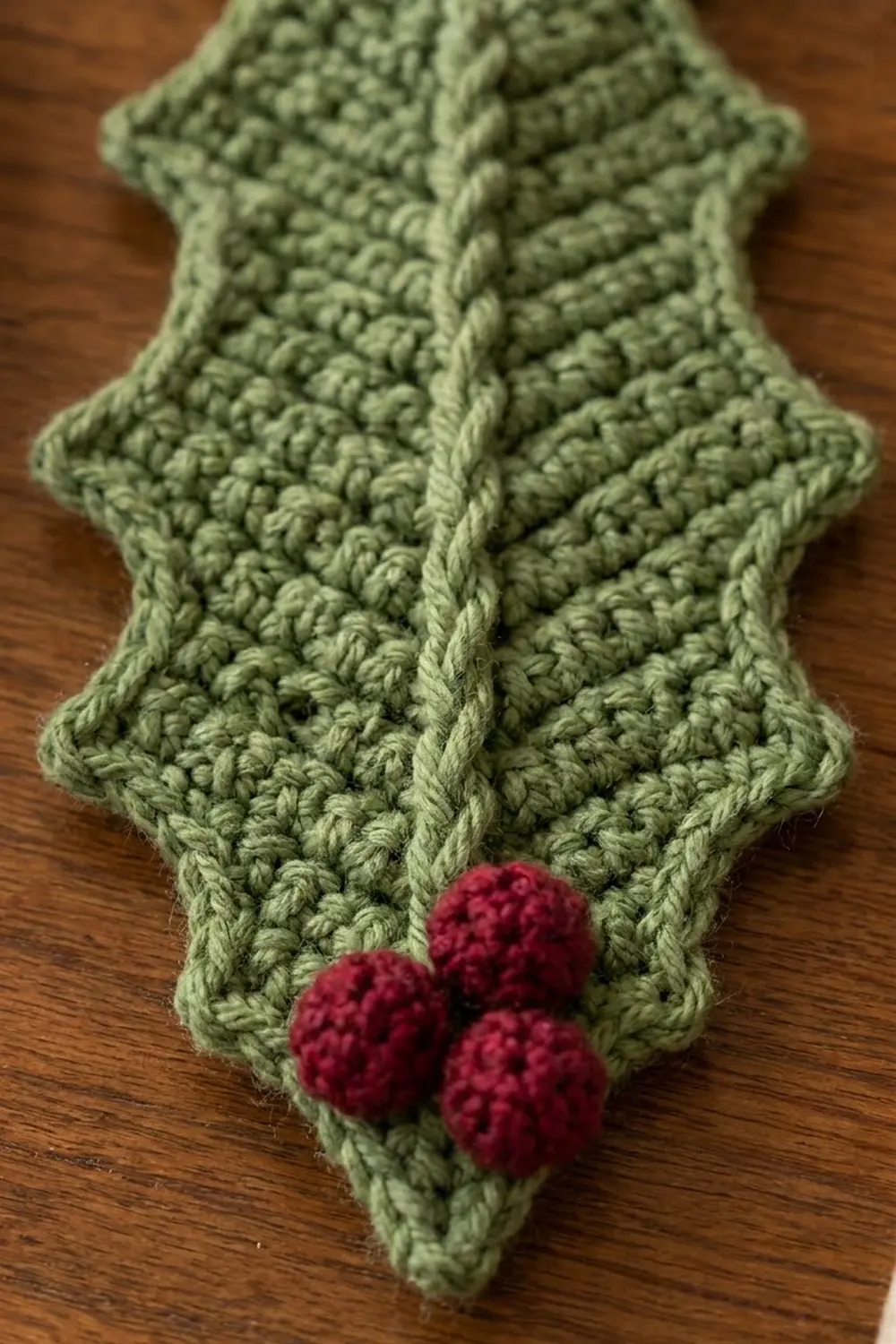 Sage green crocheted scarf with detailed stitch texture, three burgundy pompoms at the end, on warm wooden surface.