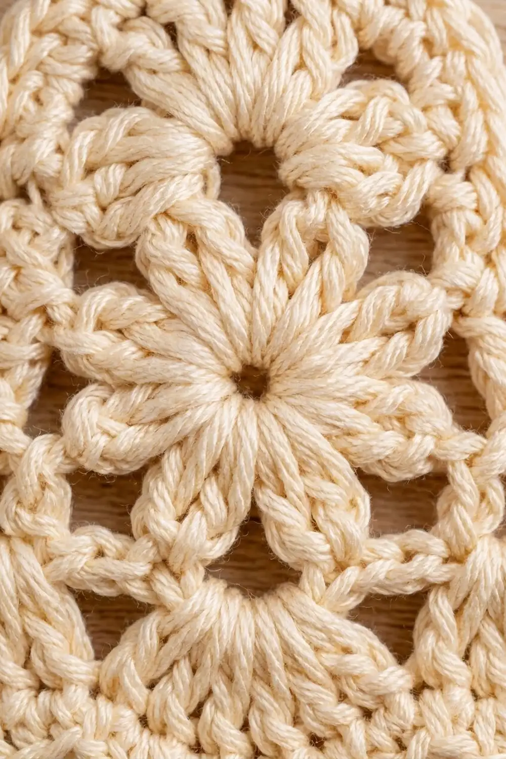 Close-up of cream crochet fabric with an intricate openwork flower pattern and textured loops.
