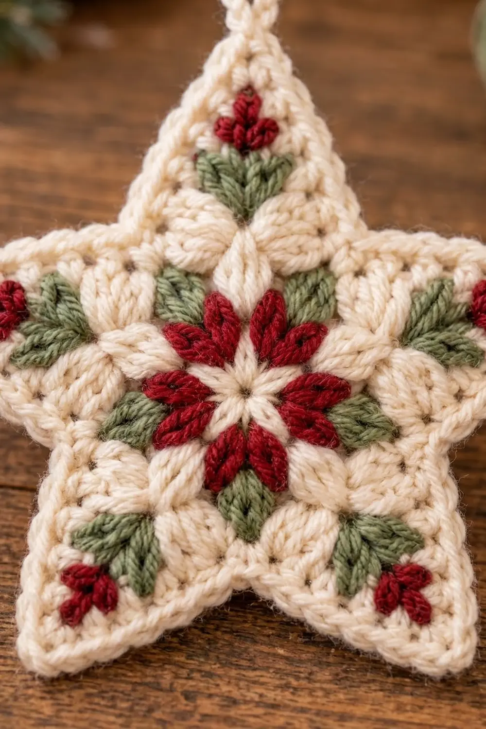 Crocheted cream star ornament with red embroidered flowers and green leaves, displayed on a wooden surface.