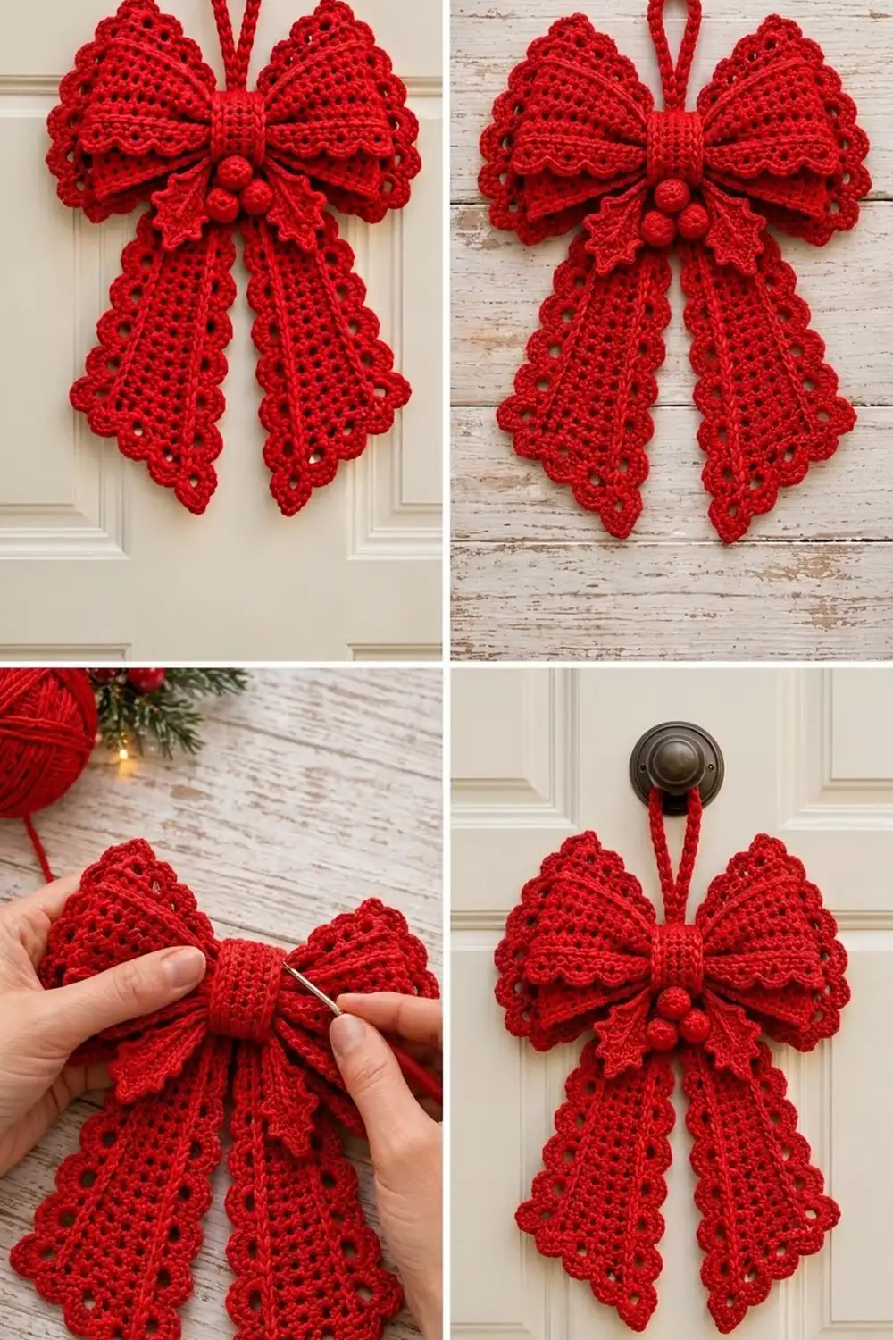 Red crocheted bow ornament with scalloped edges and berry accents displayed on white painted and weathered wooden surfaces.