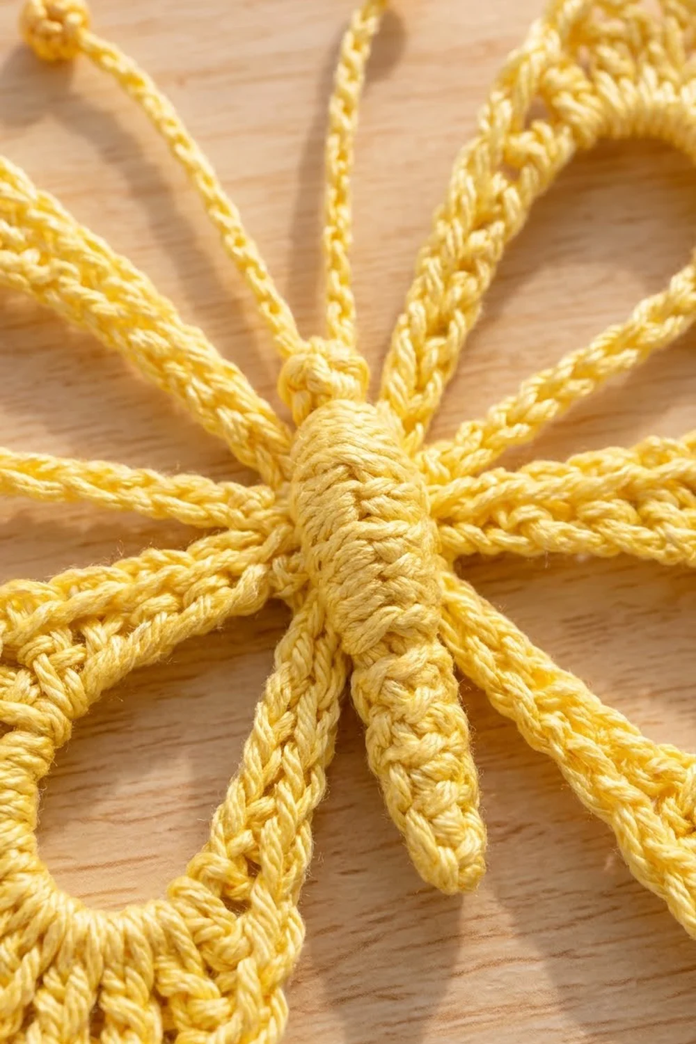 Golden braided yarn radiating from a center knot, photographed on light natural wood.
