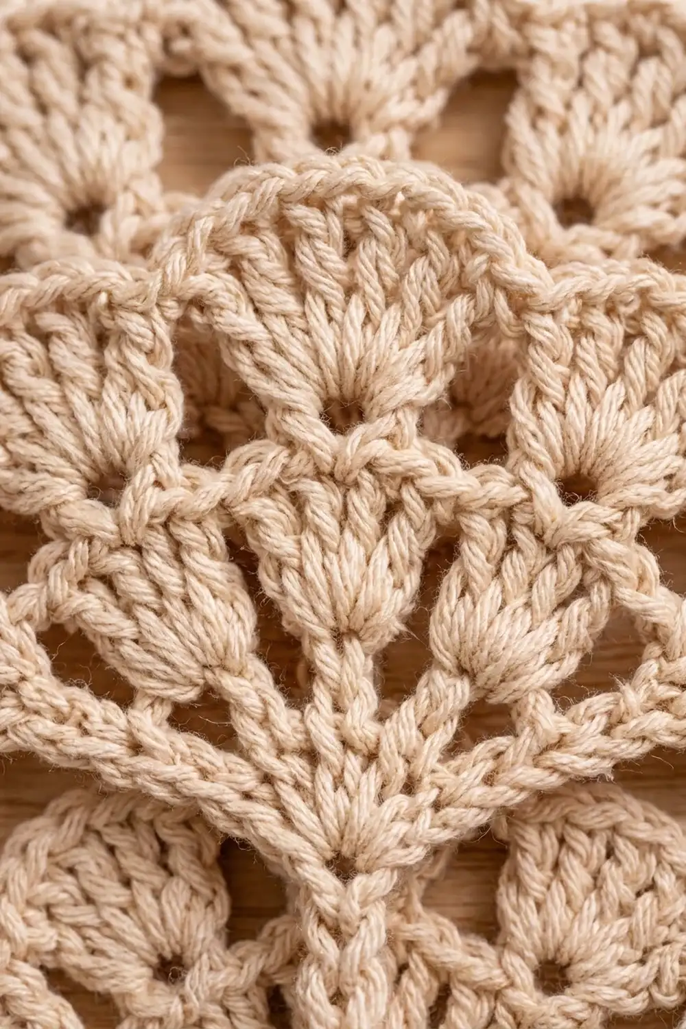 Detailed view of natural cream crocheted fabric with twisted rope-stitched texture forming an open lattice.