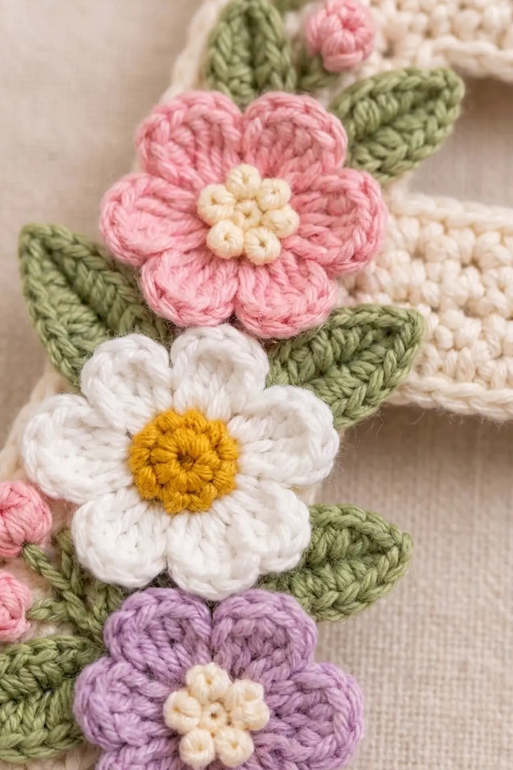 Close-up of crocheted flowers in pink, white with yellow center, and purple with green leaves on cream.