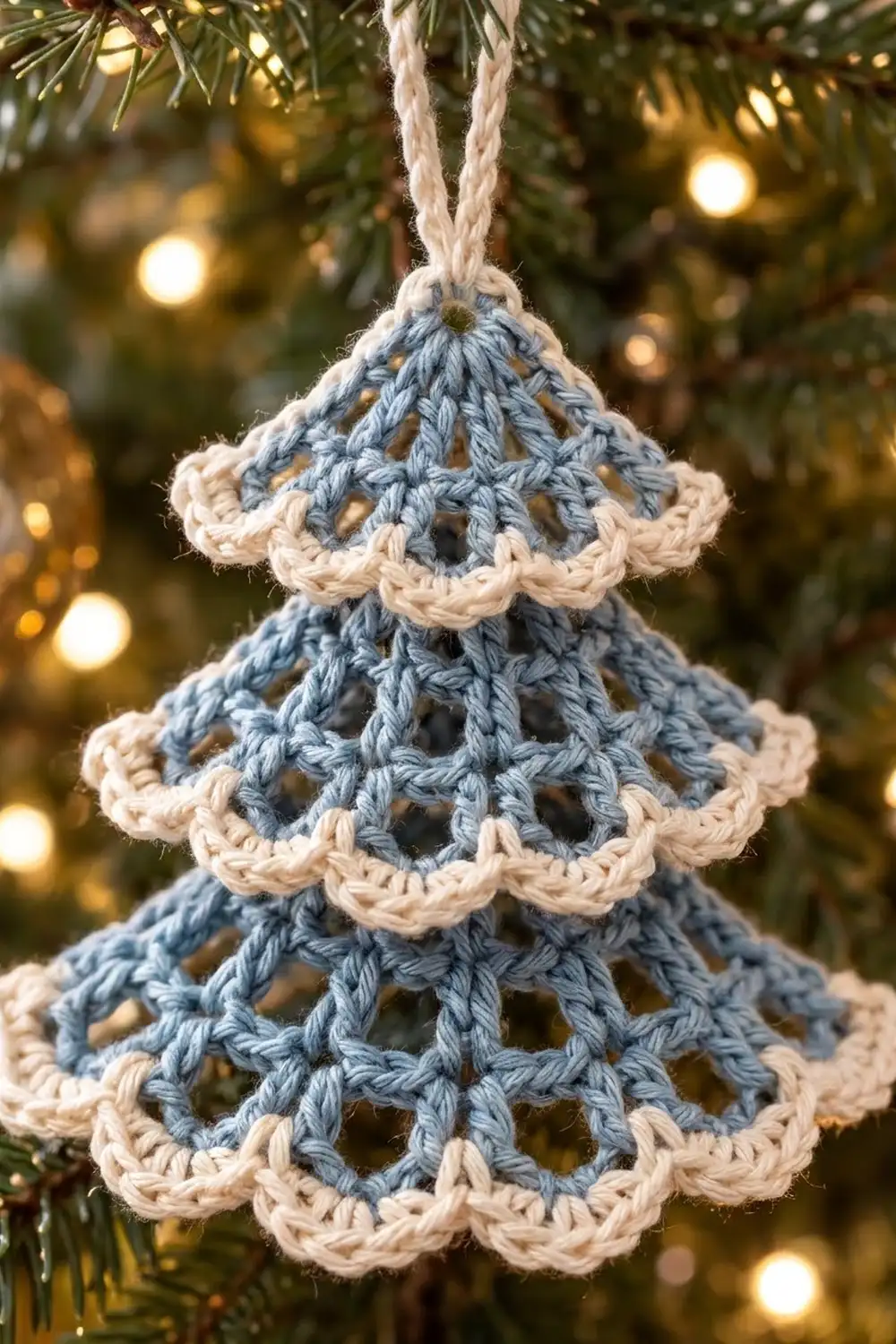 Crocheted blue and cream Christmas tree ornament hanging against evergreen branches with golden bokeh lights in soft focus background.