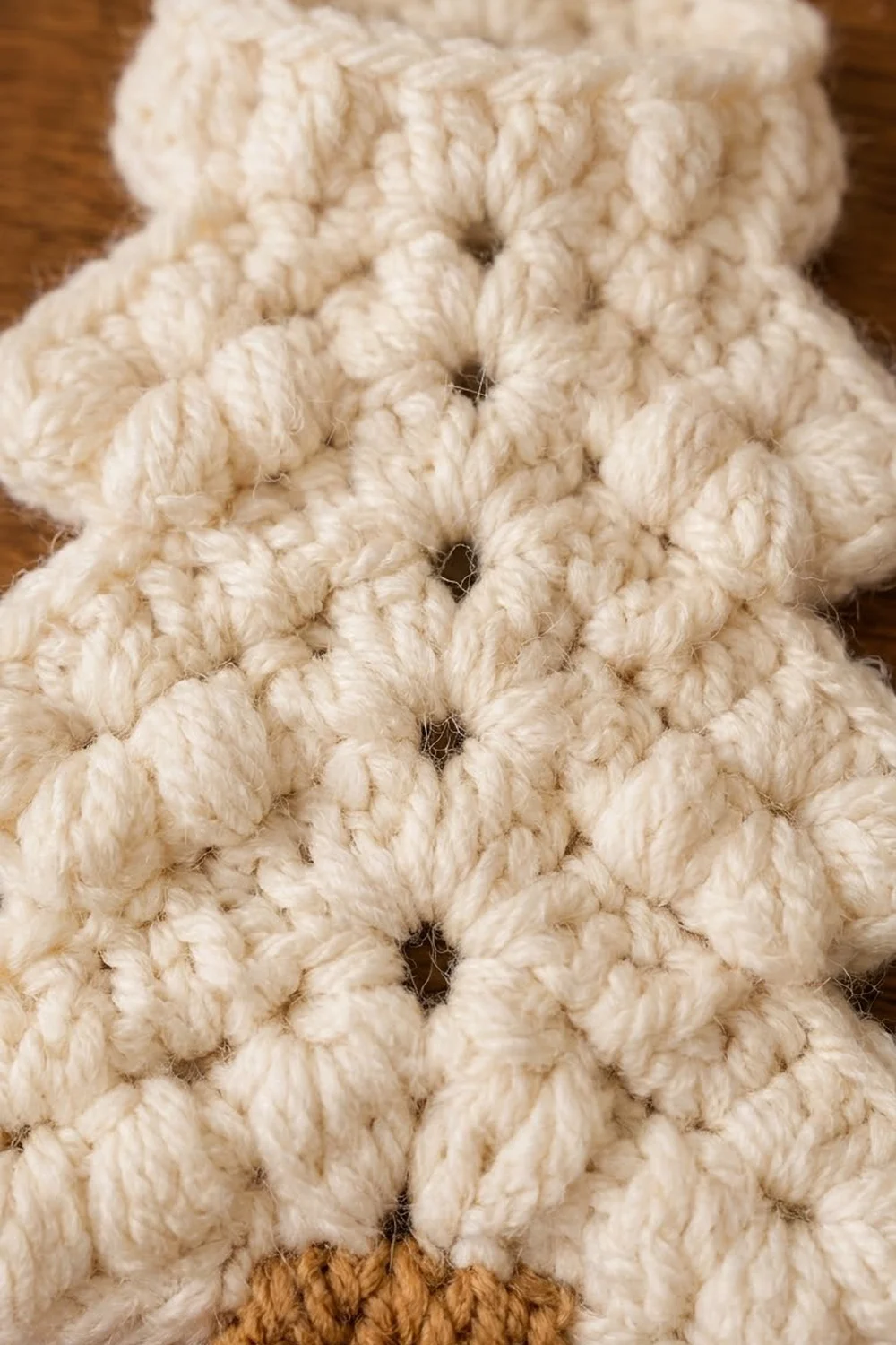 Cream-colored crocheted fabric with evenly spaced dark button holes on a wooden surface.