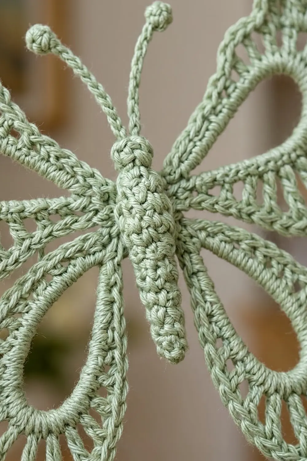 Close-up of pale sage-green crocheted snowflake with textured arms radiating from central knot against soft blurred background.
