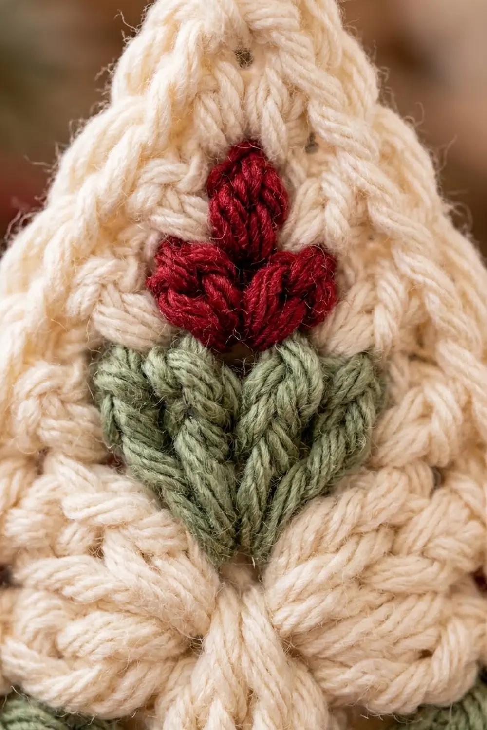 Crocheted crimson flower with green leaves centered on cream twisted yarn background.