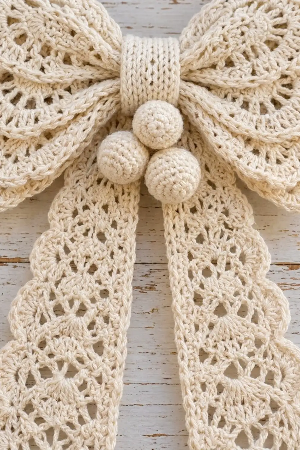 Cream-colored crocheted bow featuring an openwork lace pattern with three pom-pom buttons on distressed white wood.