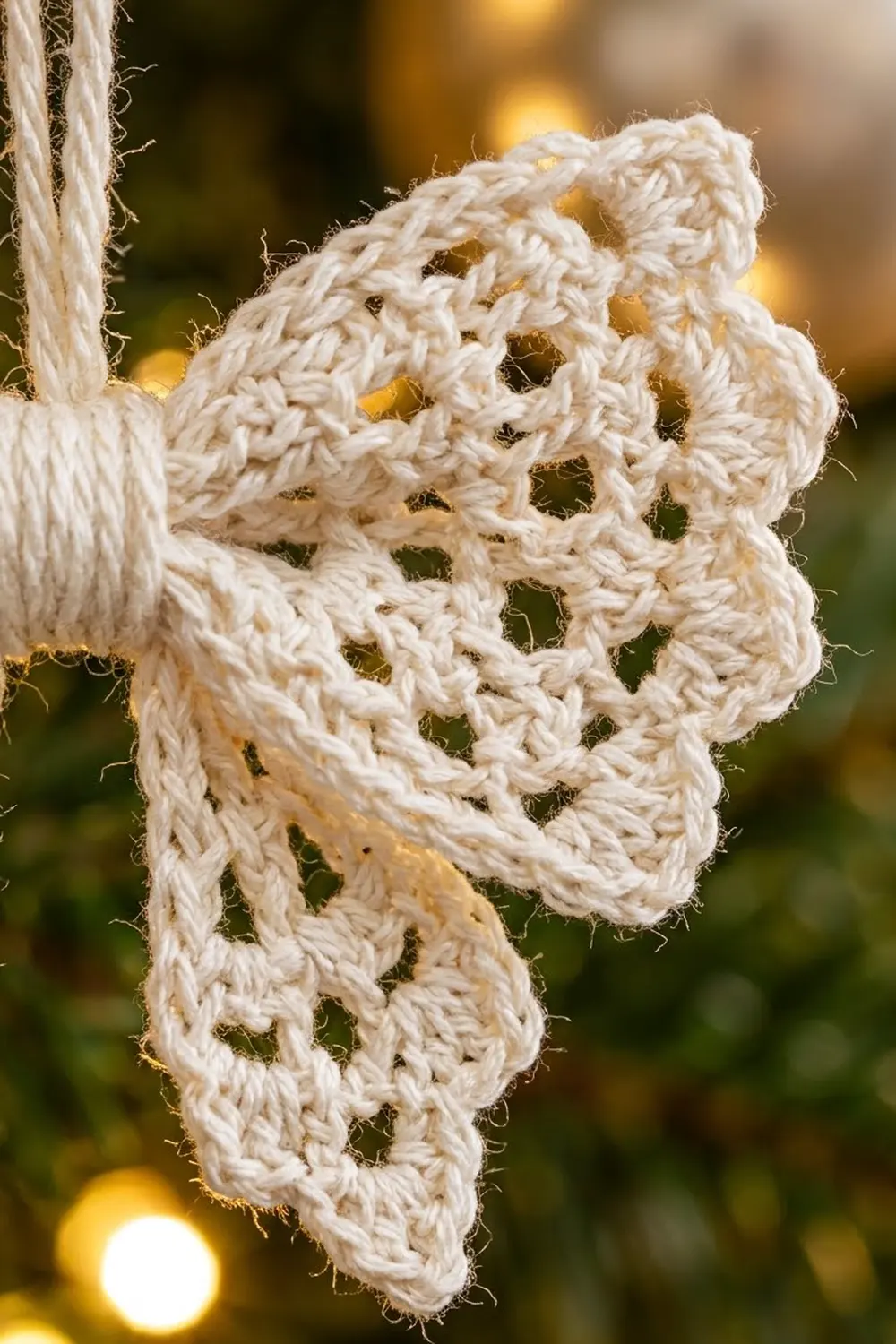 Close-up of cream crocheted lace with diamond openwork pattern, set against a golden bokeh background.