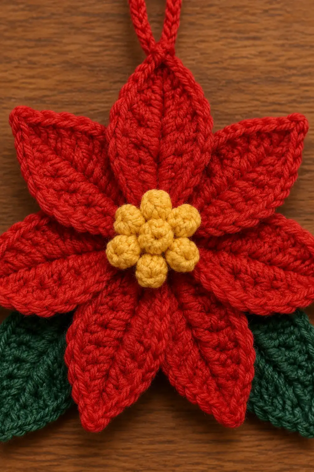 A crocheted red poinsettia ornament with golden yellow center and green leaves on wood background.