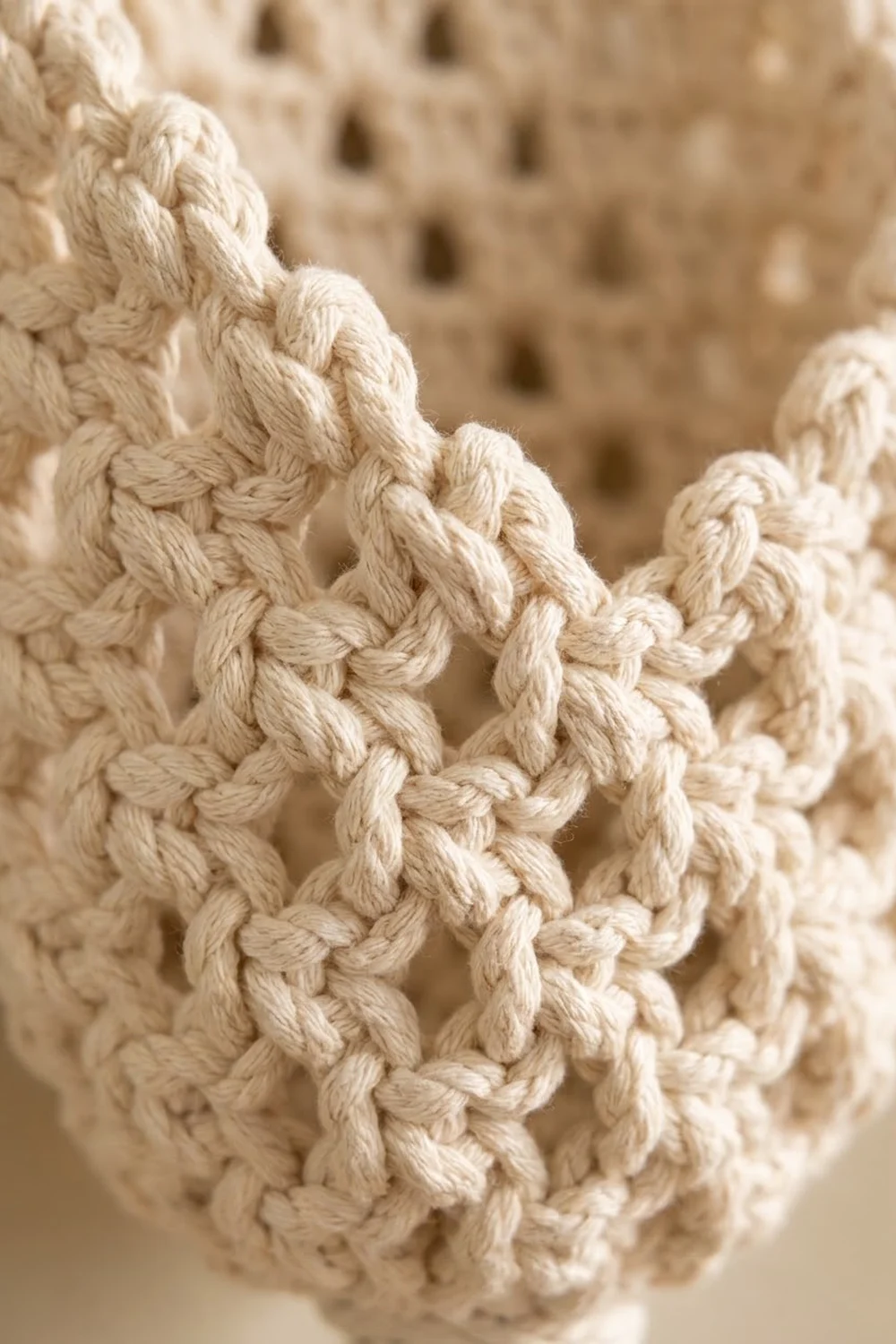 Closeup of cream-colored crocheted fabric with raised popcorn stitches creating a dimensional, textured surface.