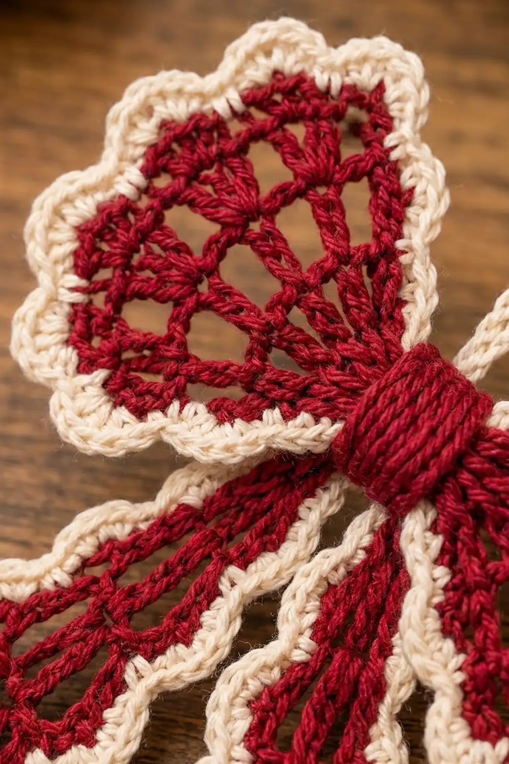 Red and cream crocheted lace with intricate openwork pattern displayed on a wooden background.