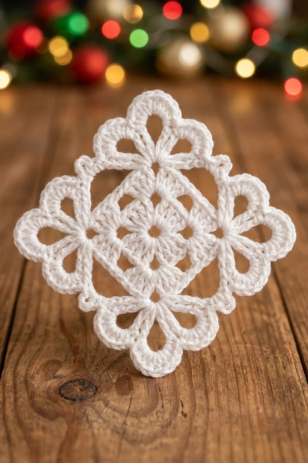 A white crocheted snowflake ornament sits on a wooden surface with blurred holiday lights in the background.