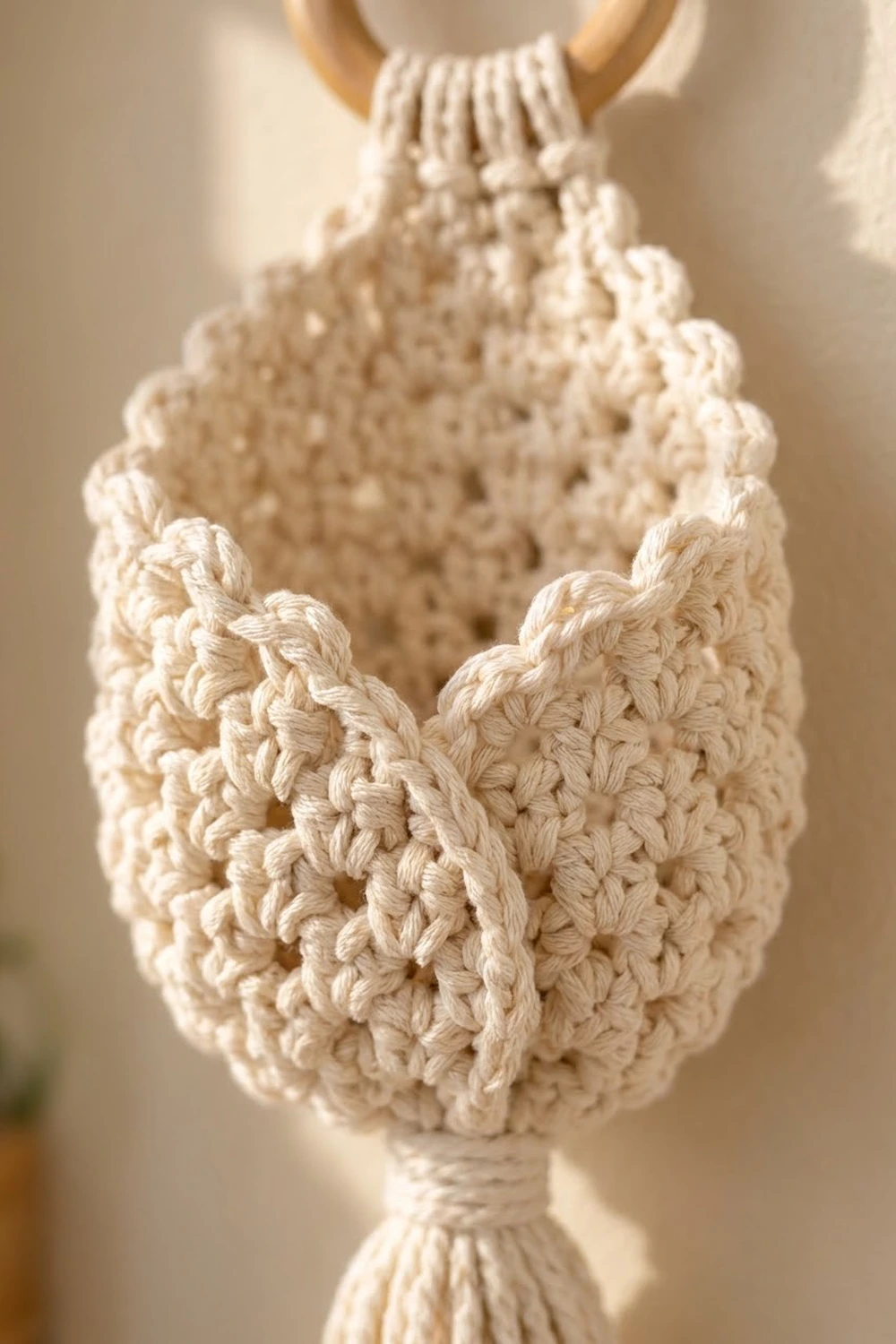 Close-up of cream crocheted bag with wooden handles showing detailed stitch texture in soft natural light.