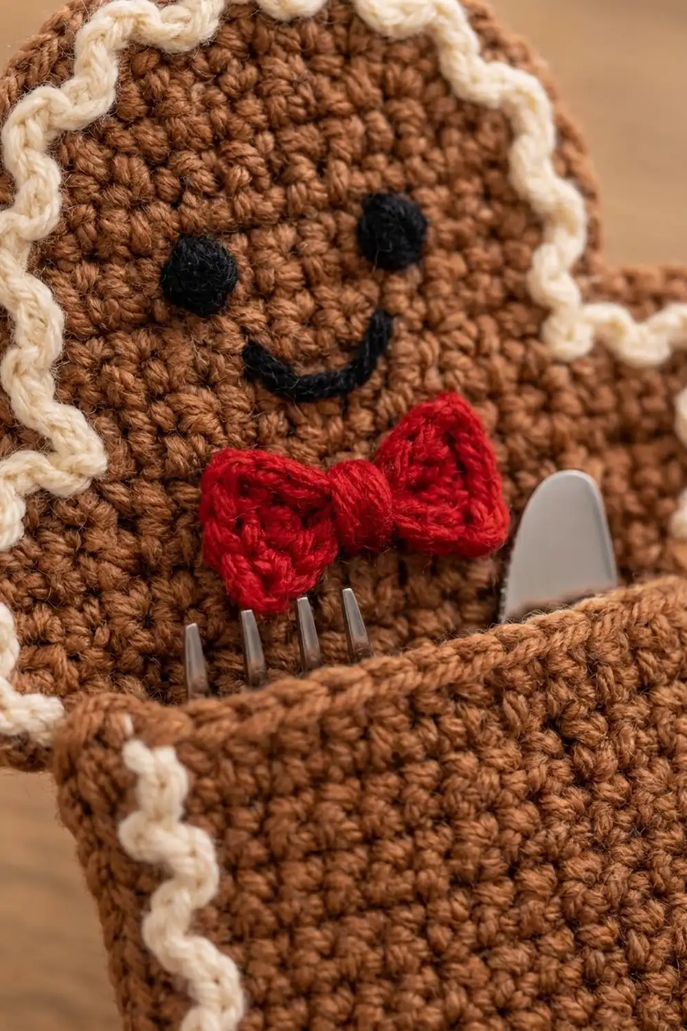 Close-up of a crocheted brown teddy bear's face with black embroidered eyes, smile, white scalloped trim, and bright red bow.