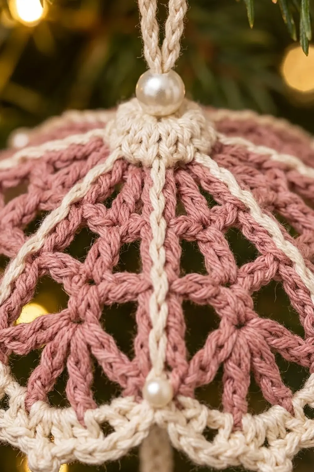 A crocheted snowflake ornament in cream and dusty rose with pearl bead accents, photographed with warm bokeh lighting.