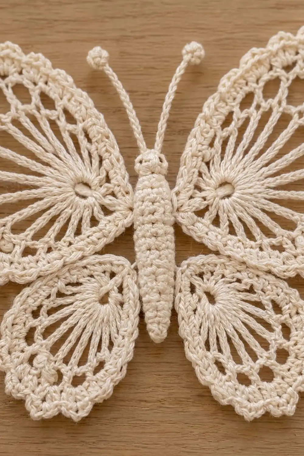 Handmade cream crochet butterfly with intricate lace wings and textured body on wooden background.