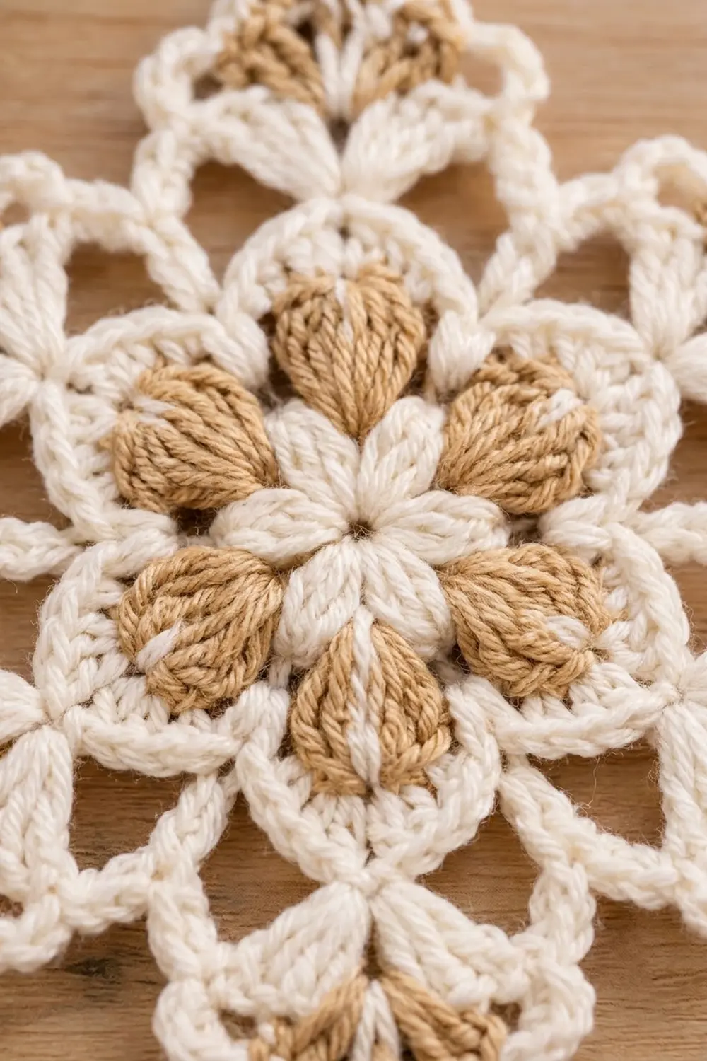 Crocheted white flowers with tan centers arranged on a wood surface, showcasing detailed yarn petals.