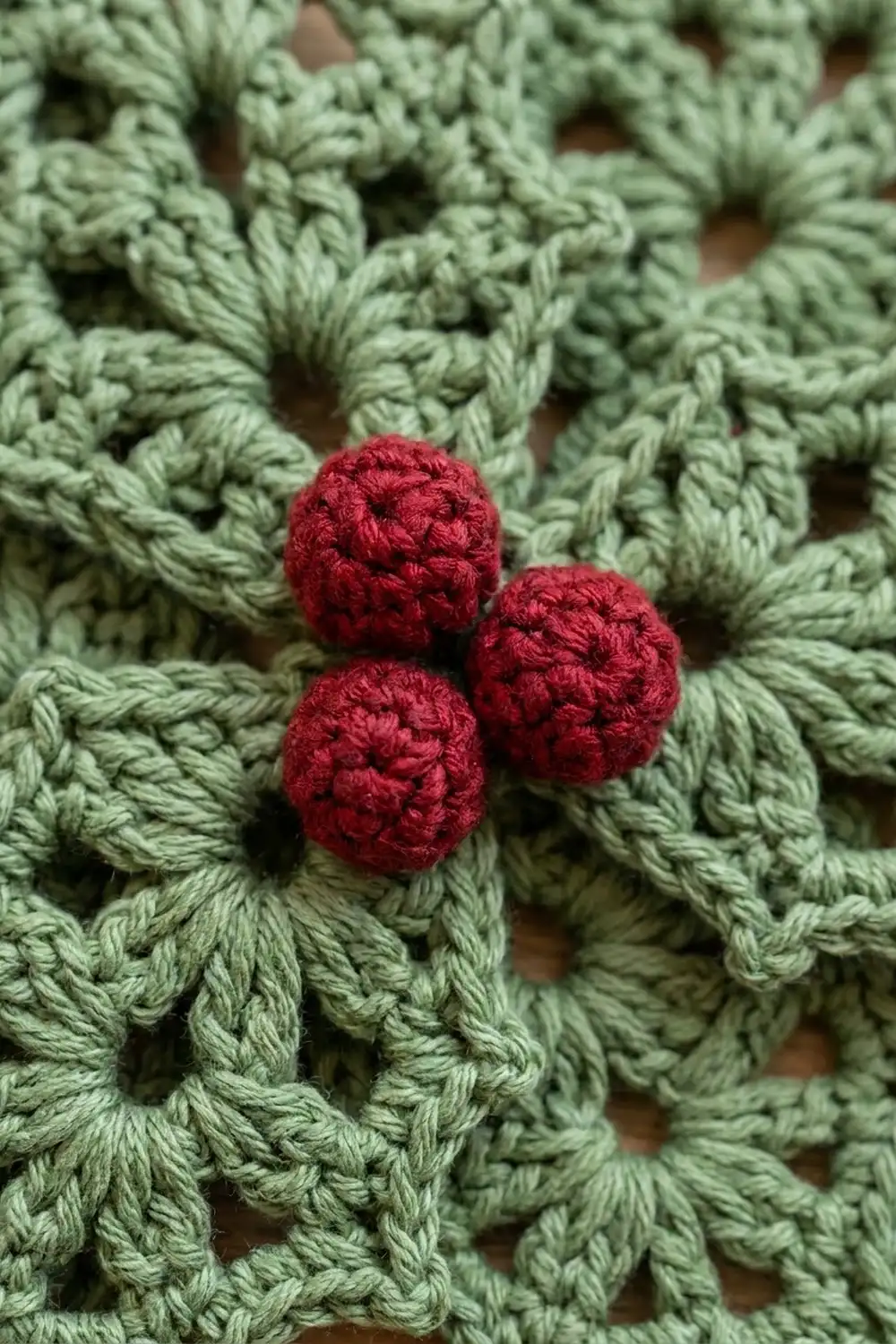 Three bright red crocheted berries nestled in green textured crochet foliage with detailed stitch definition.
