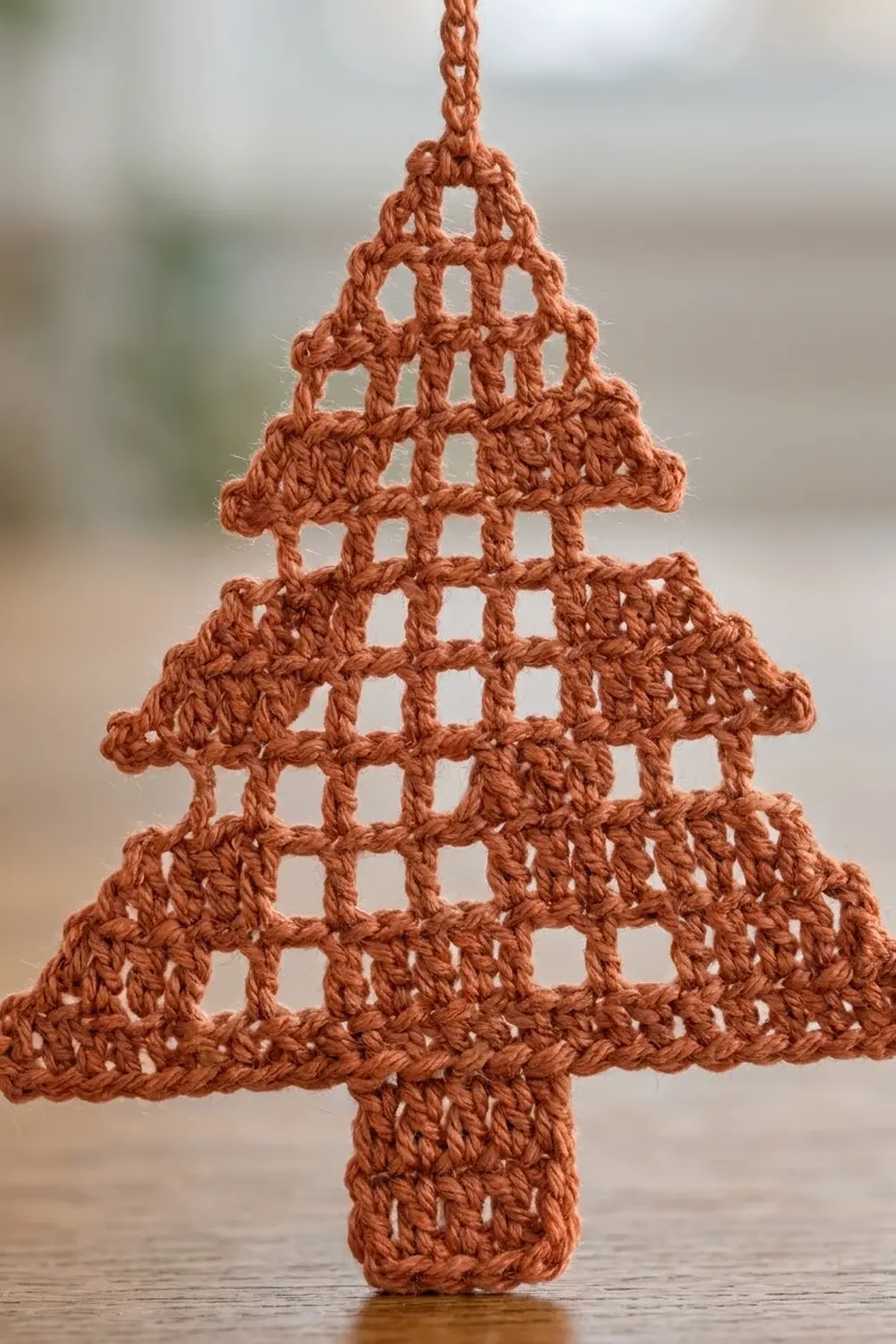 Terracotta crocheted Christmas tree with openwork pattern, standing on wood against a blurred green outdoor background.