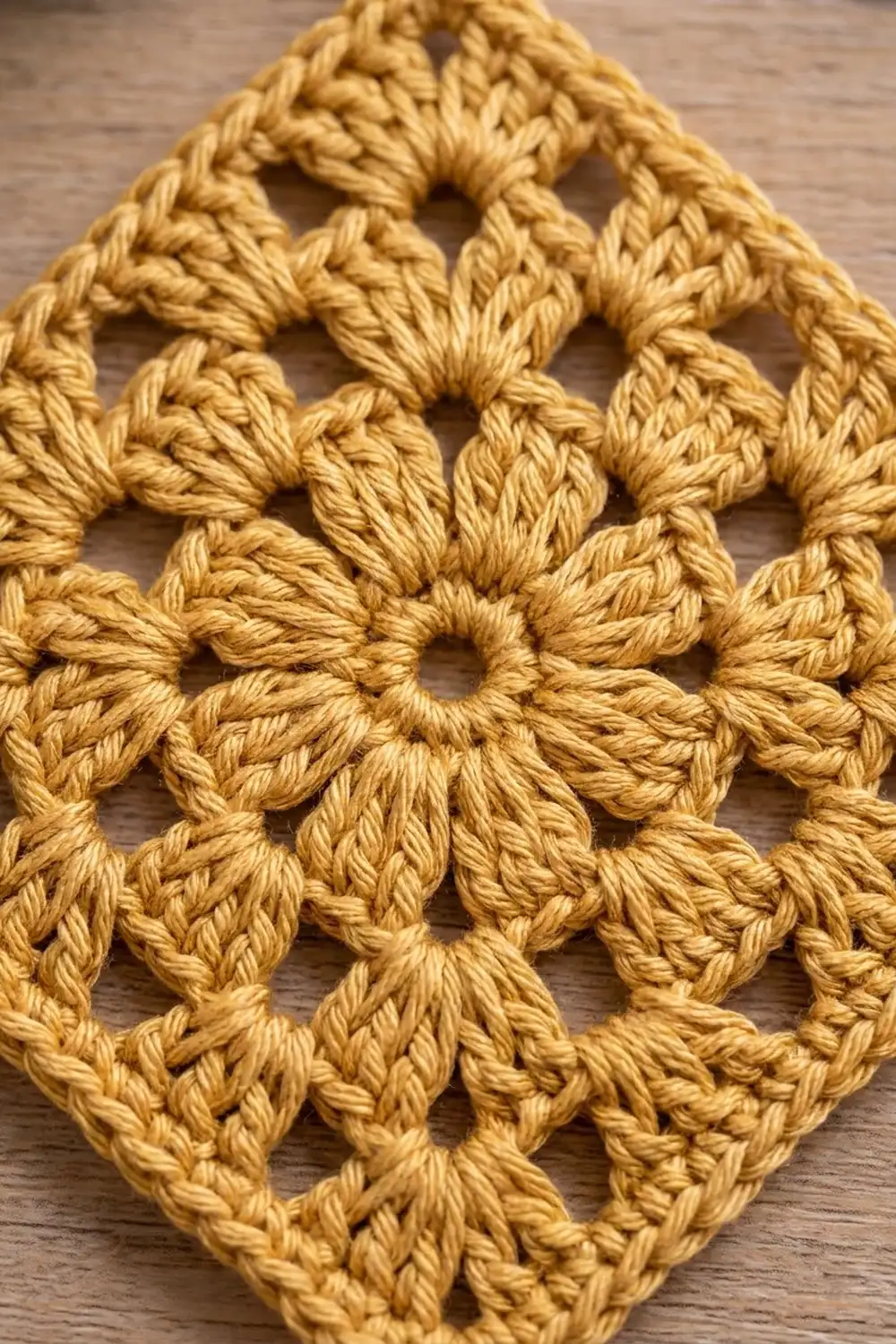 Close-up of mustard-yellow crocheted lace with diamond-shaped openwork on a wooden surface.